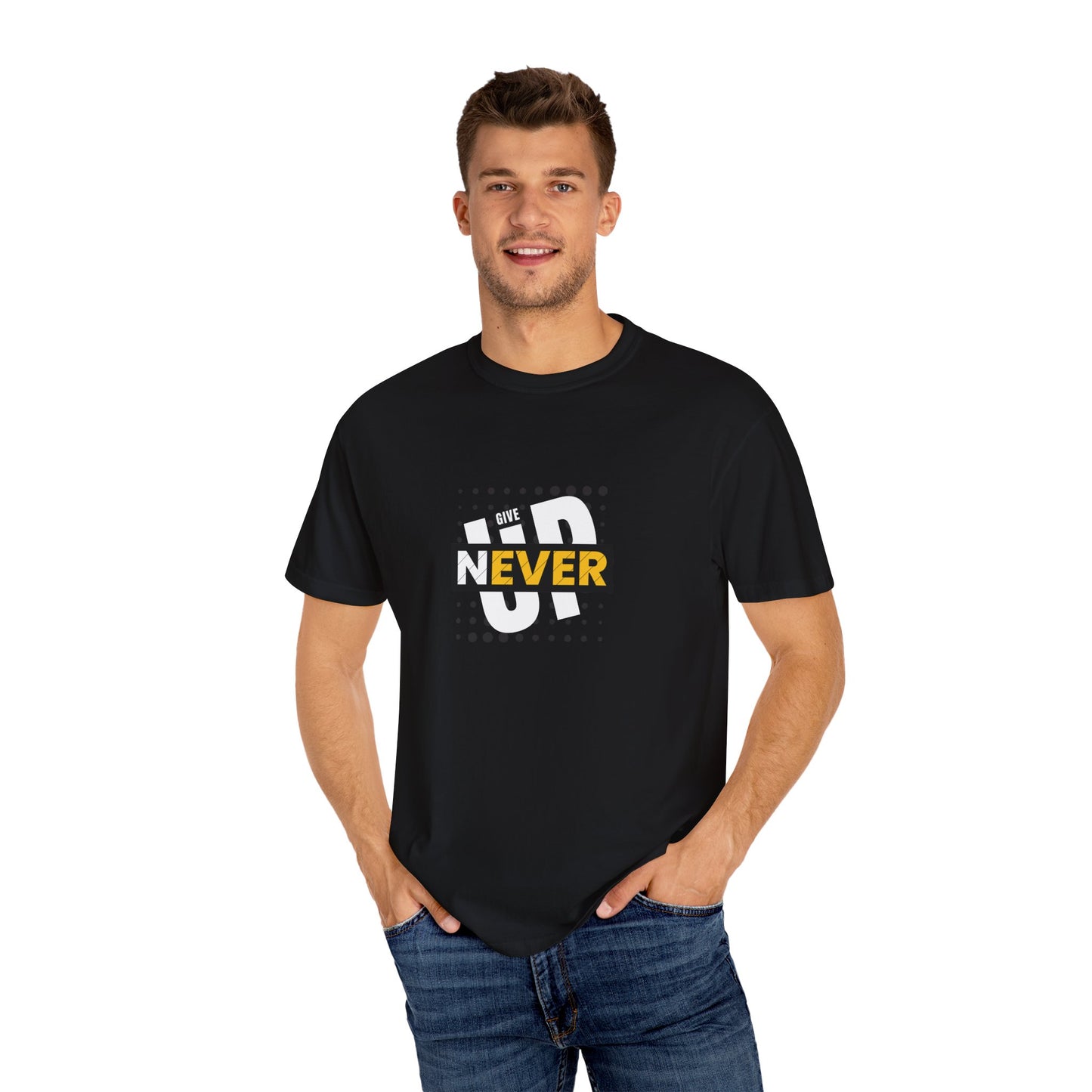 "Never Give Up" Motivational Printed T-Shirt – Inspire Confidence, Wear Determination