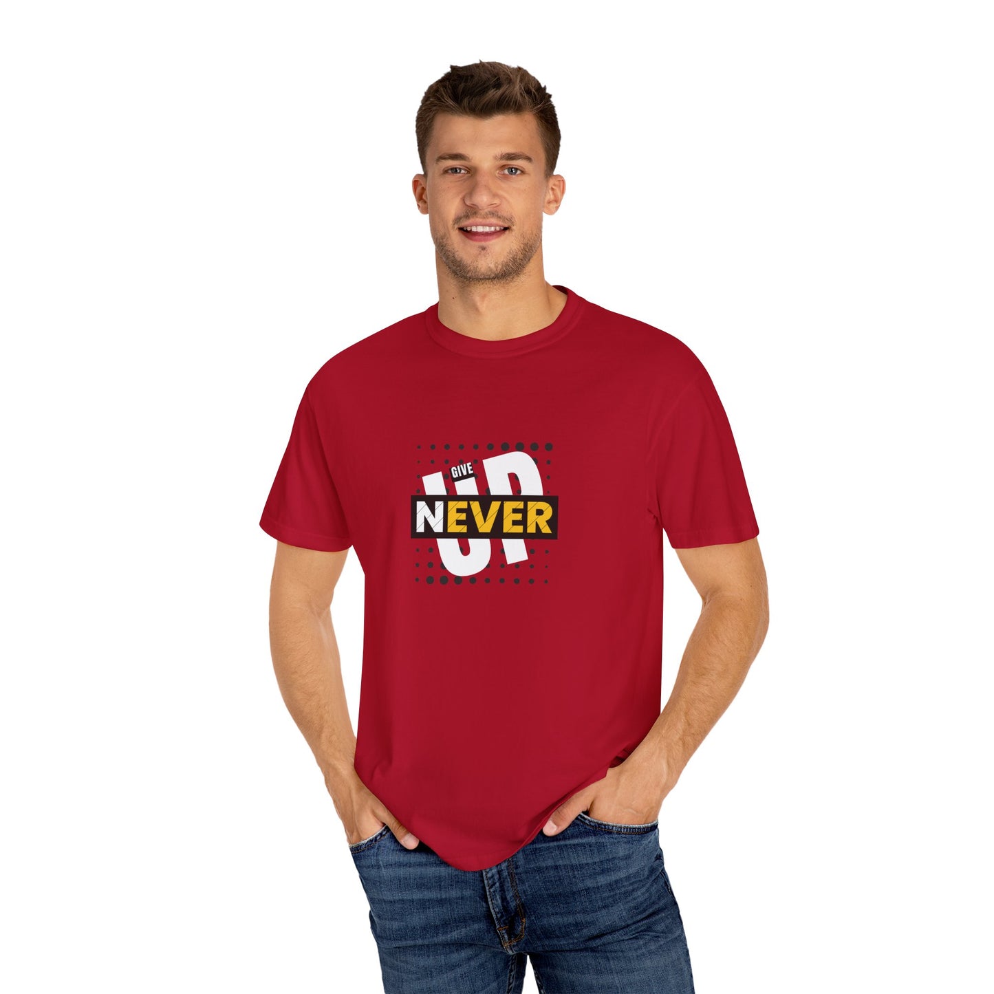 "Never Give Up" Motivational Printed T-Shirt – Inspire Confidence, Wear Determination