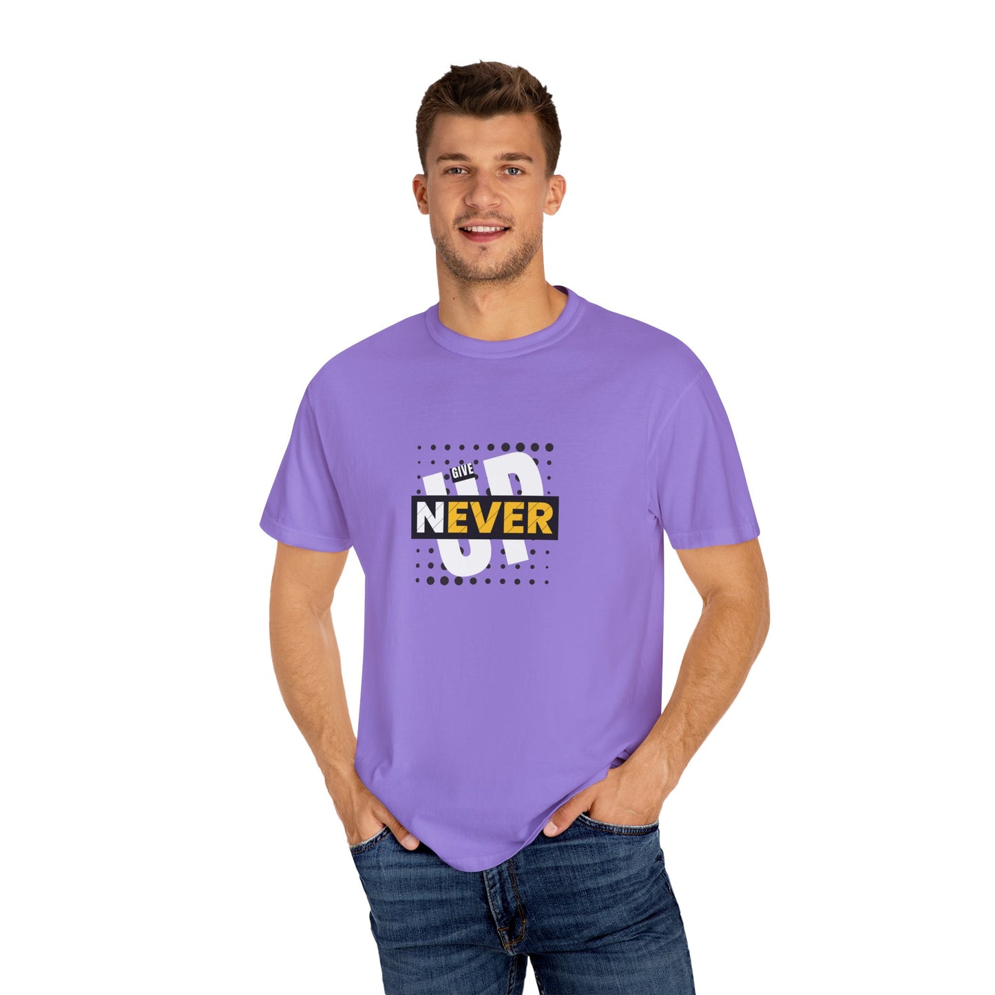 "Never Give Up" Motivational Printed T-Shirt – Inspire Confidence, Wear Determination