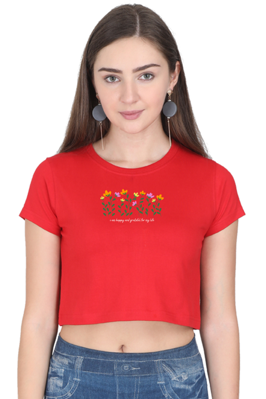 “I Am Happy and Grateful” Printed Crop Top T-Shirt