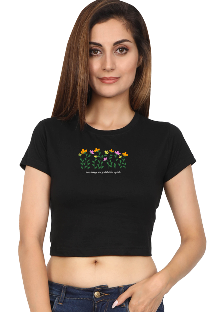 “I Am Happy and Grateful” Printed Crop Top T-Shirt