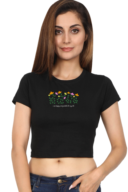 “I Am Happy and Grateful” Printed Crop Top T-Shirt