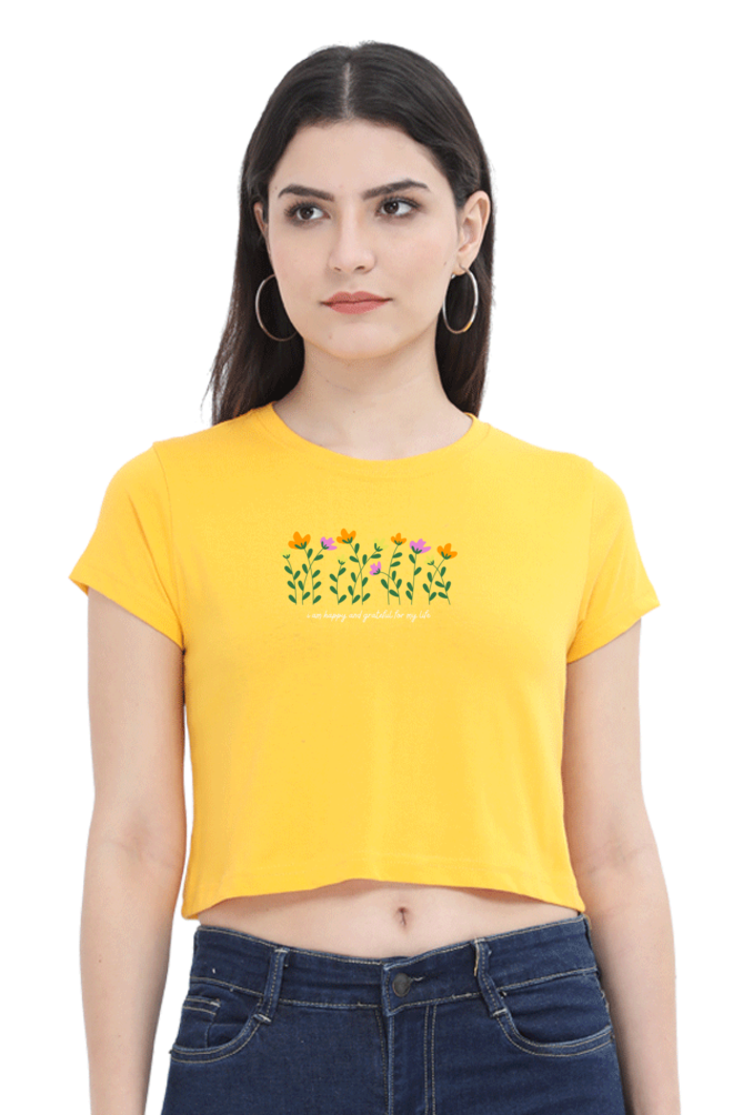 “I Am Happy and Grateful” Printed Crop Top T-Shirt