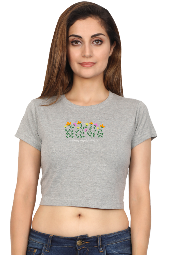 “I Am Happy and Grateful” Printed Crop Top T-Shirt