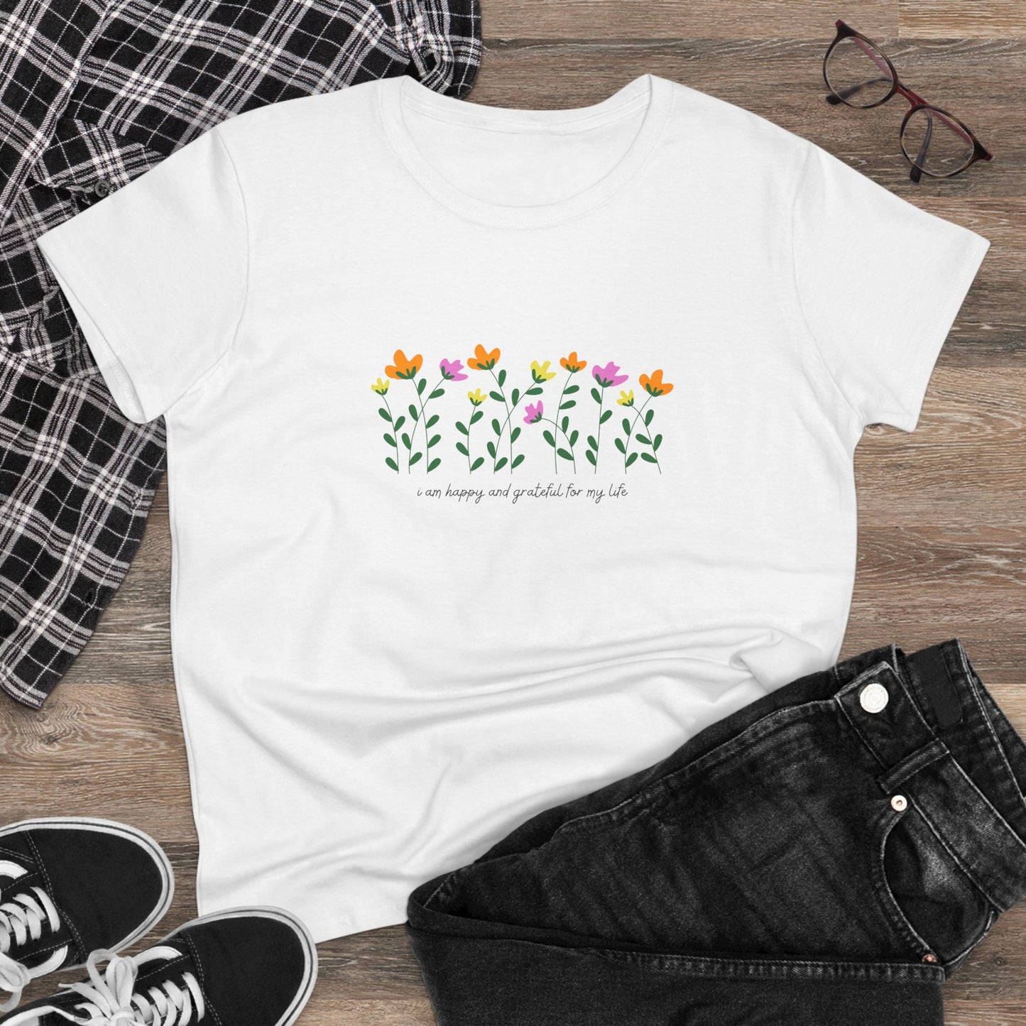 "I Am Happy and Grateful for My Life" Motivational Quote Printed T-Shirt