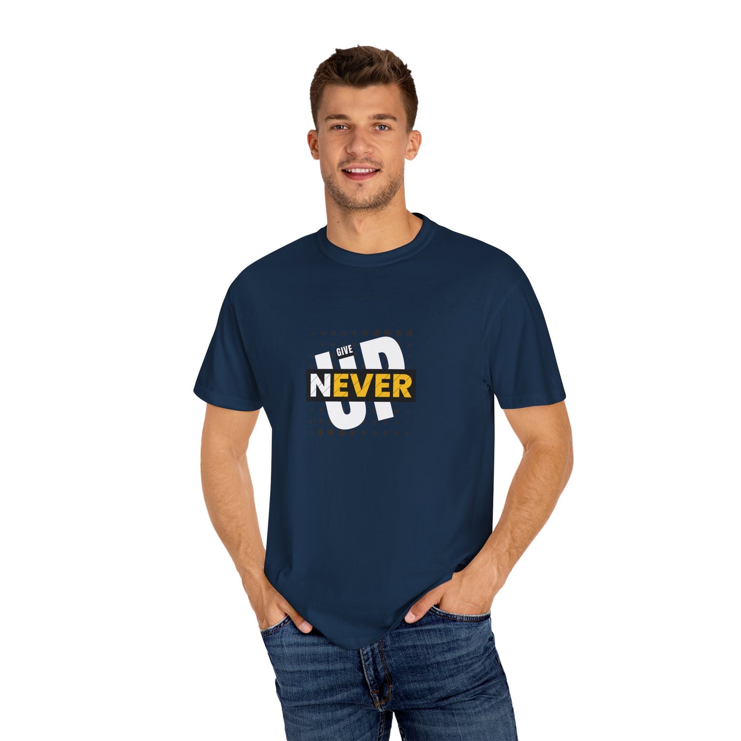 "Never Give Up" Motivational Printed T-Shirt – Inspire Confidence, Wear Determination